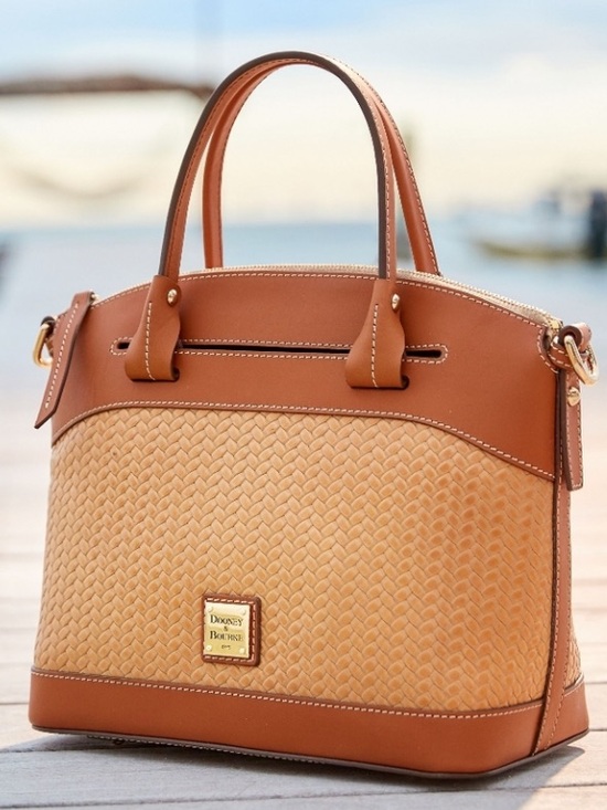 Dooney & Bourke Handbags - Dooney & Bourke Tan Woven Leather Satchel with Chestnut Trim